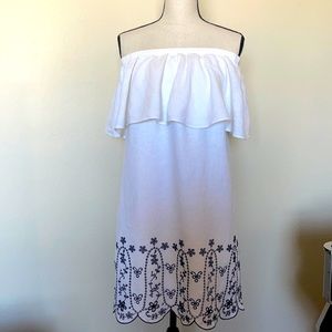 White & Dark Blue Linen Off The Shoulder Dress